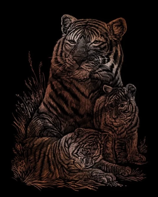 Mědený škrabací obrázek Tygřice s mláďaty