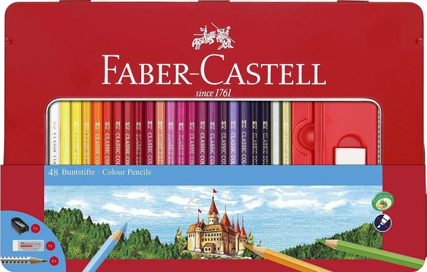 Faber-Castell Pastelky 48ks v plechovém pouzdře + ořezávátko, guma a tužky