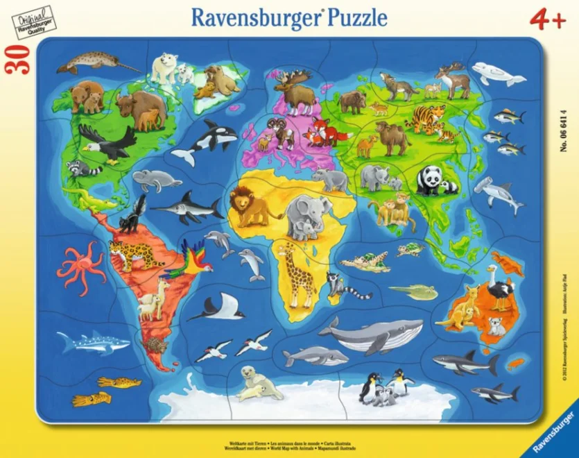 RAVENSBURGER Puzzle Mapa světa se zvířaty 30 dílků