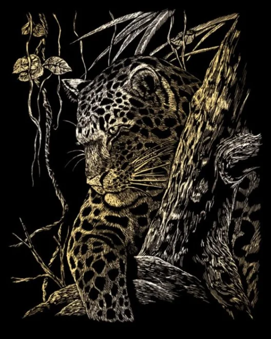 Škrabací obrázek - Leopard na stromě (zlatý)