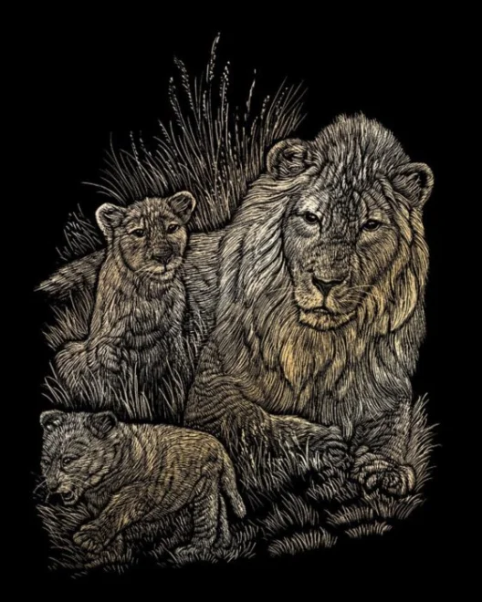 Škrabací obrázek - Lvice s lvíčaty (zlatá)