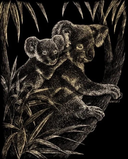 Škrabací obrázek - Medvídek Koala s mládětem (zlatý)