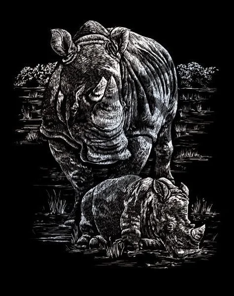 Škrabací obrázek - Nosorožec s mládětem (stříbrný)