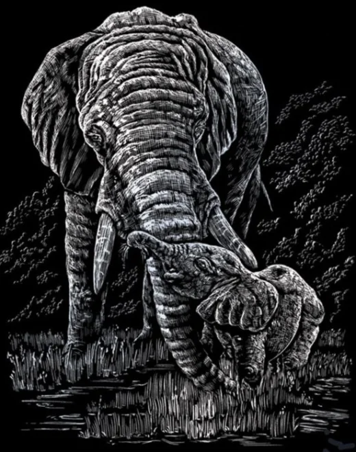 Škrabací obrázek - Slonice s mládětem (stříbrná)