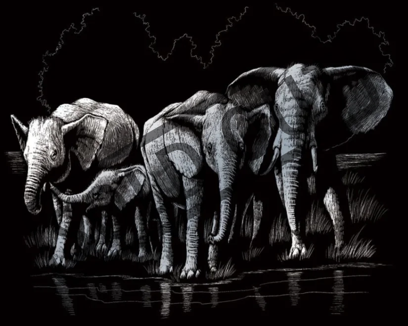 Škrabací obrázek - Stádo slonů (stříbrné)