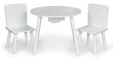 Dětský kulatý dřevěný stůl se dvěma židličkami bílý