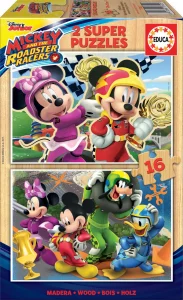Dřevěné puzzle Mickey, Minnie a závodníci 2x16 dílků