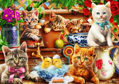 Puzzle Koťata v zahradní boudě 100 dílků