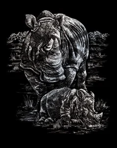 Stříbrný škrabací obrázek Nosorožec s mládětem