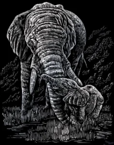 Stříbrný škrabací obrázek Slonice s mládětem