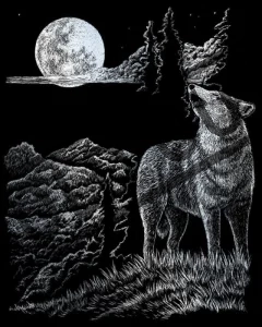 Stříbrný škrabací obrázek Vlk vyjící na měsíc