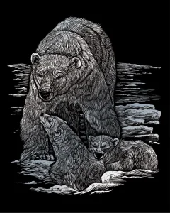 Stříbrný škrabací obrázek Lední medvědice s mláďaty