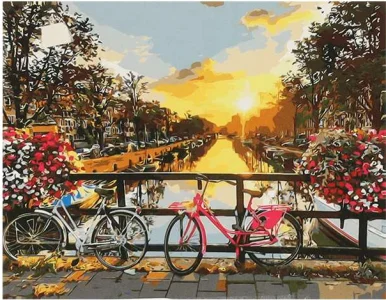 Malování podle čísel: Krajina s bicykly, plátno na rámu 40x50 cm