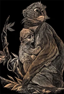 Měděný škrabací obrázek Opice s mládětem